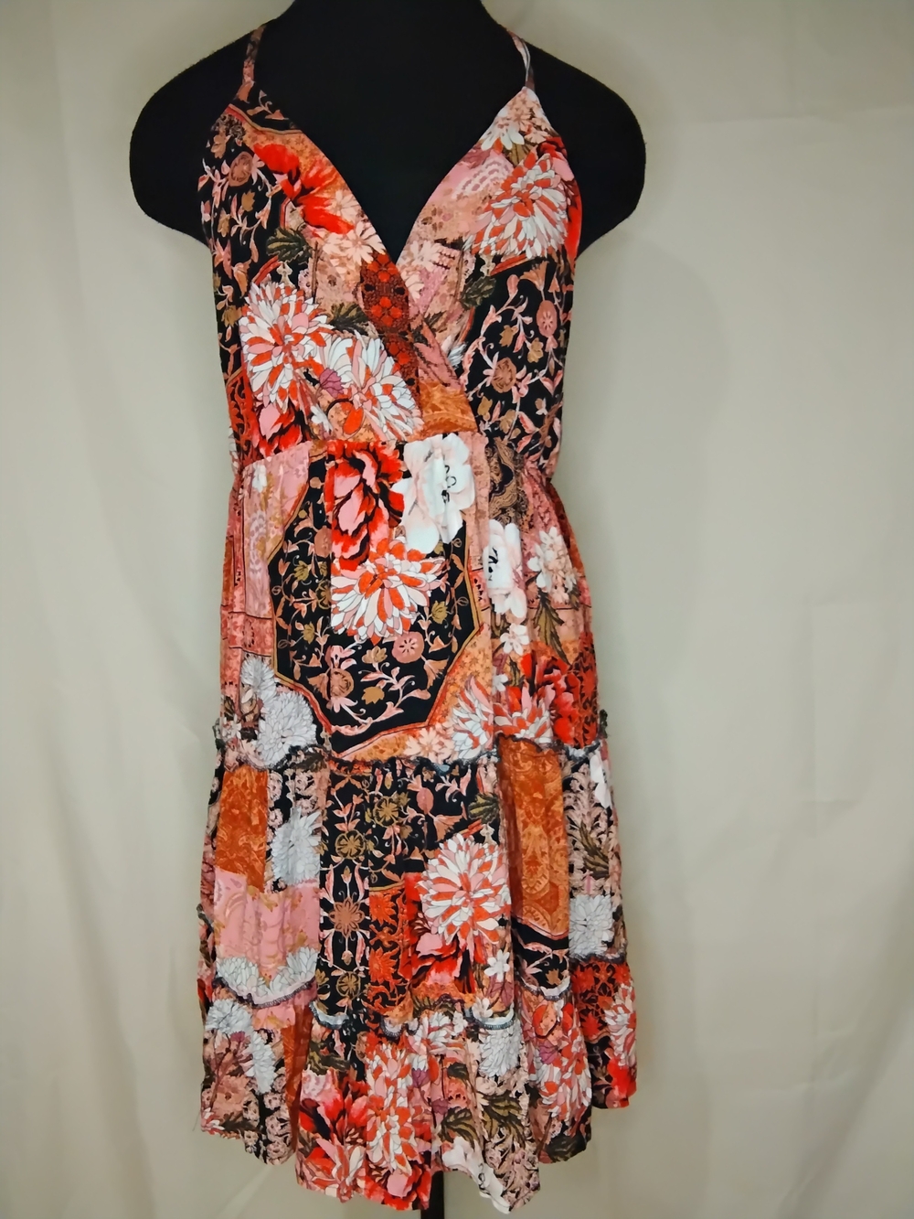 Maurices Floral Patchwork V-Neck Midi Dress in Coral, Pink and Black